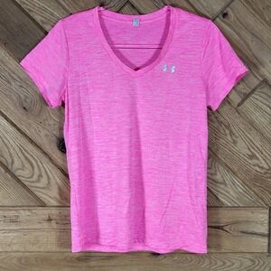 Under Armour V-Neck T-Shirt Womens Small Heathered Pink HeatGear
